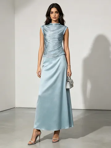 Neuer Chinesischer Stil Damen Leichter Luxus Set Quaste Stehkragen Ärmelloses Top Und Satin Maxi Rock Set Elegante Party Kleidung