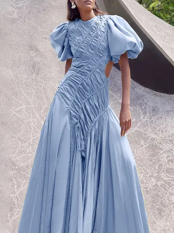 Vestito Maxi Irregolare Plissettato Elegante Francese Donna Manica a Sbuffo Girocollo Vita Slim Fit Stile Resort Abito Lungo