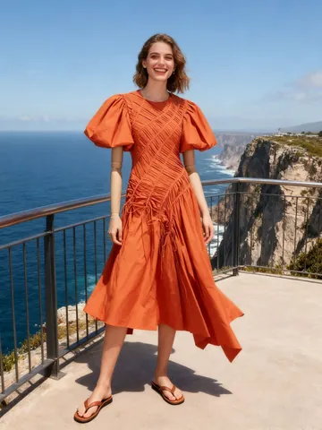 Vestito Maxi Irregolare Plissettato Elegante Francese Donna Manica a Sbuffo Girocollo Vita Slim Fit Stile Resort Abito Lungo