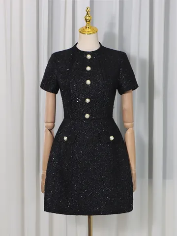 Robe Mini en Tweed Rétro Français Avec Boutons en Perles Artificielles Vintage Or Manches Courtes Coupe Trapèze Robe Courte pour Femmes Tenue de Banquet Élégante