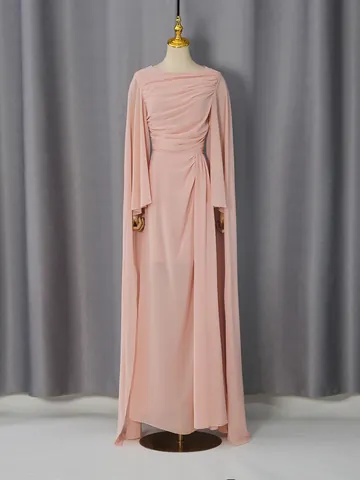 Elegante Polyester Katoen Cape Avondjurk Voor Vrouwen Geplooide Maxi Lange Jurk Voor Bruiloft Feest Banket Retro Luxe Jurk