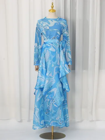 Top a Manica Lunga in Raso Vintage con Scollo a Girocollo e Gonna Irregolare Stampata Completo Donna Stile Bohemien Elegante