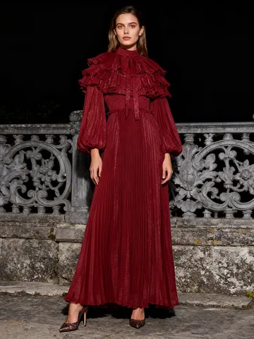 Women's Palace Style Pleated Maxi Dress Tie Neck Lantern Sleeve Chiffon Polyester Patchwork Elegant Vintage Long Dress