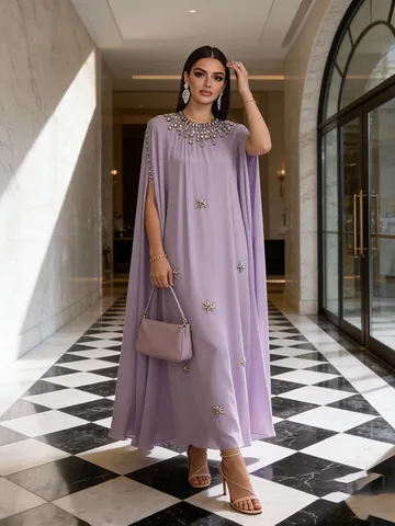 Elegante Luxe Cape Mouw Avondjurk Vrouwen Opstaande Kraag Strass Versierde Geplooide Effen Kleur Lange Maxi Jurk Bruiloft Feest