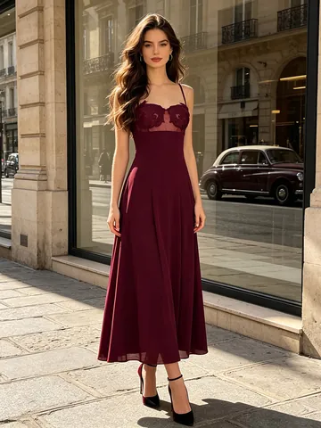 Elegante Vestido de Banquete Rojo Vino para Mujer Verano Bordado Calado Camisola Vestido Maxi Línea A Mezcla de Algodón Poliéster