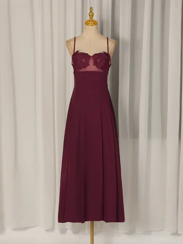 Elegante Vestido de Banquete Rojo Vino para Mujer Verano Bordado Calado Camisola Vestido Maxi Línea A Mezcla de Algodón Poliéster