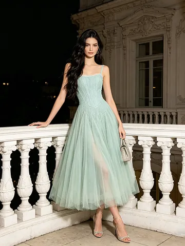 Palace Style Embroidered Cami Maxi Dress Tulle Mesh Splicing Bridesmaid Gown Polyester Cotton Summer Party Women Dress