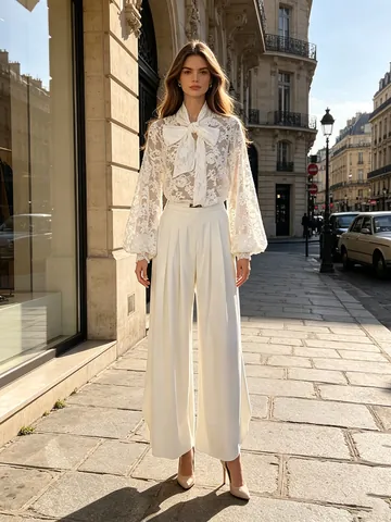 Damen Elegant Weiß Spitze Bogen Krawatte Ober- Und Unterteil Set Laternenärmel Top Und Seitenschlitz Weites Bein Hosen Set
