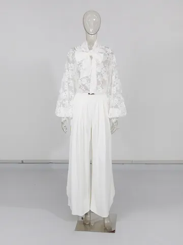 Damen Elegant Weiß Spitze Bogen Krawatte Ober- Und Unterteil Set Laternenärmel Top Und Seitenschlitz Weites Bein Hosen Set
