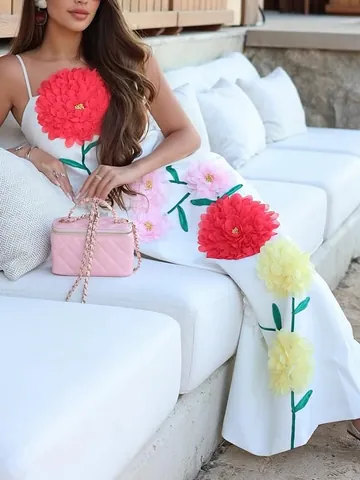 Vestido Largo de Tirantes Para Mujer Con Decoración Floral 3D Verano Suelto Color Sólido Patchwork Elegante de Vacaciones Sin Mangas