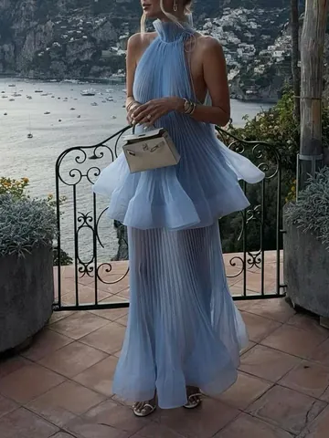 Vestido Largo Halter Sin Mangas Plisado para Mujer Elegante Vestido de Fiesta de Poliéster de Color Sólido con Volantes