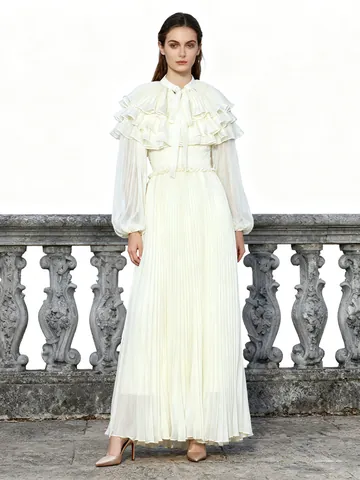 Women's Palace Style Pleated Maxi Dress Tie Neck Lantern Sleeve Chiffon Polyester Patchwork Elegant Vintage Long Dress