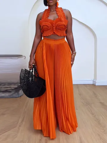 Women Halter Ruffle Top And Wide Leg Pants Set Sexy Pleated Two Piece Outfits For Summer Vacation Beachwear