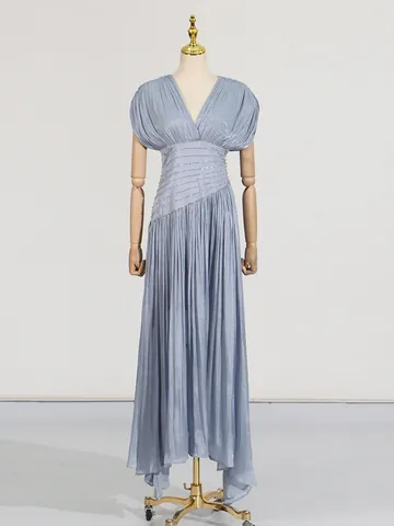 Women Elegant V-Neck Pleated Maxi Dress Rhinestone Slim Waist Satin-Look Polyester Long Evening Party Banquet Ruffle Dress