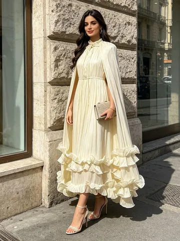 Vestido Maxi Elegante Estilo Capa Con Cuello En V Borde De Volante Manga Murciélago Color Sólido De Poliéster Y Elastano Para Fiesta Mujer