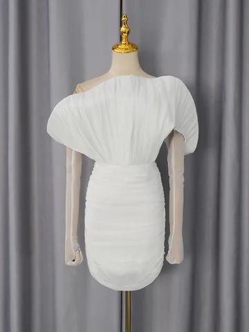 Women Elegant One Shoulder 3D Pleated Mini Dress Socialite Style Hip Wrap Ruched Sleeveless Evening Party Dress With Gloves