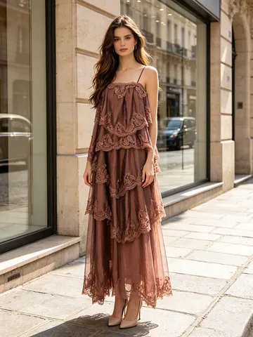 Robe Cami à Volants en Dentelle Style Palais Rétro pour Femmes Élégante Couleur Chocolat Patchwork de Maille à Étages Robe Maxi