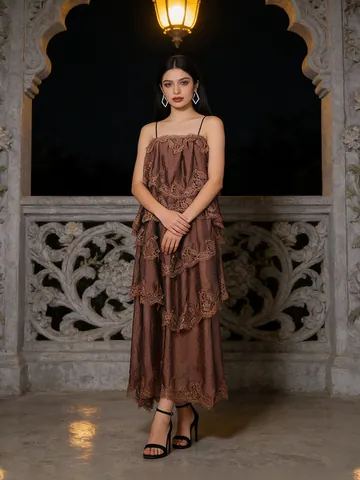 Robe Cami à Volants en Dentelle Style Palais Rétro pour Femmes Élégante Couleur Chocolat Patchwork de Maille à Étages Robe Maxi