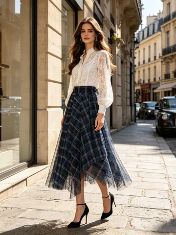 Women High Waist Mesh Plaid Skirt Asymmetrical Hem Layered Tulle A-Line Midi Skirt Western Style Sexy Party Bottom Blue