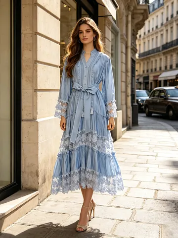 Robe Longue Maxi Vintage Français Col Montant Broderie Dentelle Épissage Ourlet à Volants pour Femmes Élégante Robe de Soirée Manches Longues Patchwork