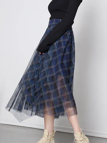 Women High Waist Mesh Plaid Skirt Asymmetrical Hem Layered Tulle A-Line Midi Skirt Western Style Sexy Party Bottom Blue