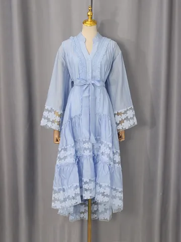 Französischer Vintage Stehkragen Spitze Stickerei Spleißen Rüschensaum Maxi Kleid Für Damen Elegant Sommer Langarm Mesh Patchwork Party Kleid
