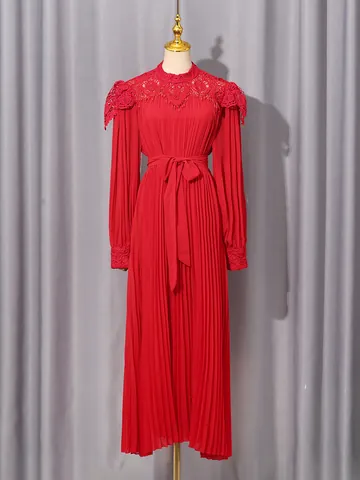 Elegant Chiffon Maxi Dress For Women Lace Patchwork Stand Collar Long Lantern Sleeve Pleated High Waist Gown Party Dress