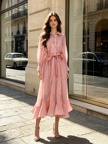 French Elegant Rhinestone Patchwork Belted Waist Ruffle Hem Maxi Dress Summer New Arrival Women V-Neck A-Line Long Dress