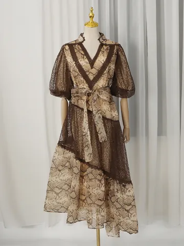 French Vintage Vacation Style Lace Patchwork Maxi Dress For Women V-Neck Puff Sleeve Ruffle Tie-Waist Long Dress Polyester Cotton