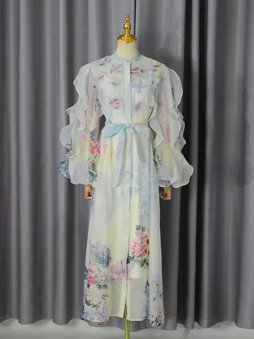 Vestito Lungo da Donna Stampa Floreale Retrò Stile Francese Dolce Manica Lunga Volant Vita Coulisse Collo Coreana