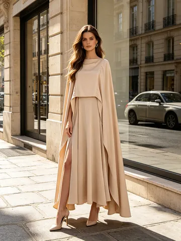 Vestido Maxi de Satén Champaña para Mujer Conjunto de Camisola Falda Chal Elegante Abertura Largo Formal Noche Banquete Boda