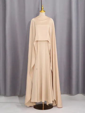 Vestido Maxi de Satén Champaña para Mujer Conjunto de Camisola Falda Chal Elegante Abertura Largo Formal Noche Banquete Boda