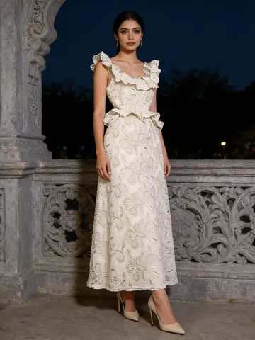 Robe Maxi en Dentelle Vintage Français Femmes Broderie Ajouré Volants Robe à Bretelles Élégante Style Doux Robe Unie