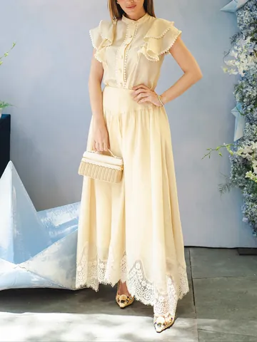 Chemise Style Vintage Resort et Jupe Longue Taille Haute Top et Bottom Femme Patchwork Dentelle Jupe Été Vêtement