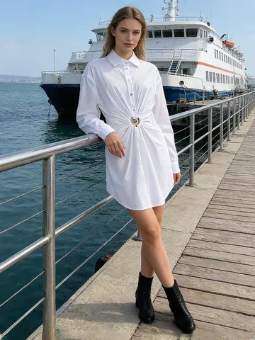 Women Elegant White Shirt Dress Long Sleeve Lapel Metal Buckle Twist Waist Short Dress Office Lady Commute Salt Style Mini Dress
