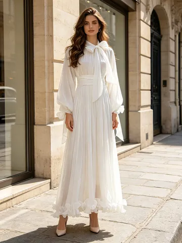 Elegante Vestido Largo Maxi de Malla Fluida con Cuello con Lazo y Mangas Linterna Dobladillo con Volantes Vestido de Banquete para Mujer Verano