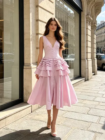 Elegant French Vintage Halter V Neck Tiered Ruffle Midi Dress Polyester Cotton Blend Slim Fit Sleeveless Cake Dress For Women