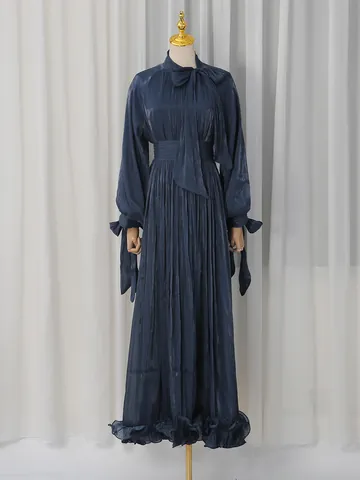Elegante Vestido Largo Maxi de Malla Fluida con Cuello con Lazo y Mangas Linterna Dobladillo con Volantes Vestido de Banquete para Mujer Verano