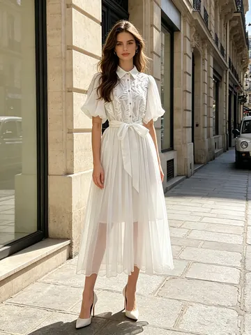 Robe Chemise Brodée Rétro Française pour Femme Été Manches Bouffantes Revers Taille Affinante Robe Longue Maxi Élégante Couleur Unie