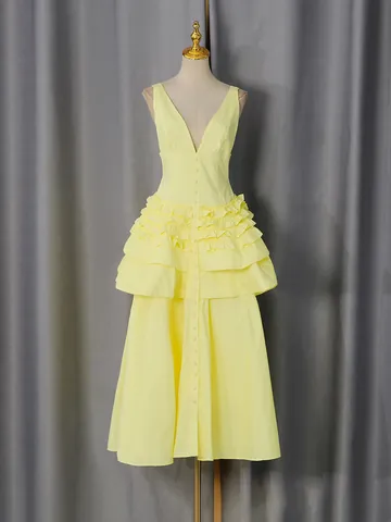 Elegant French Vintage Halter V Neck Tiered Ruffle Midi Dress Polyester Cotton Blend Slim Fit Sleeveless Cake Dress For Women