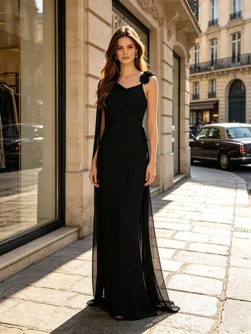 Elegant Dark Night Single Shoulder Ribbon Evening Dress With 3D Floral Decoration Side Slit Slim Fit Long Formal Gown For Women