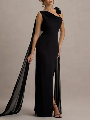 Elegant Dark Night Single Shoulder Ribbon Evening Dress With 3D Floral Decoration Side Slit Slim Fit Long Formal Gown For Women