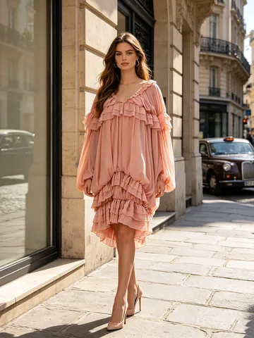 Abito a Volant in Stile Dolce Palazzo da Donna Patchwork a Strati Maniche a Sbuffo Scollo a V Mini Abito a Linea A in Poliestere Cotone Outfit Retro