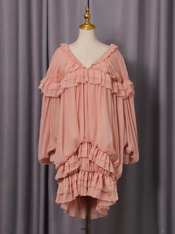 Abito a Volant in Stile Dolce Palazzo da Donna Patchwork a Strati Maniche a Sbuffo Scollo a V Mini Abito a Linea A in Poliestere Cotone Outfit Retro
