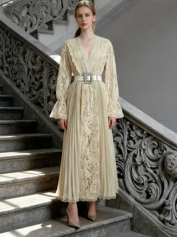 Vintage Palace Style Hollow Out Lace Maxi Dress For Women Elegant V-Neck Long Sleeve Pleated Belted Party Long Dress