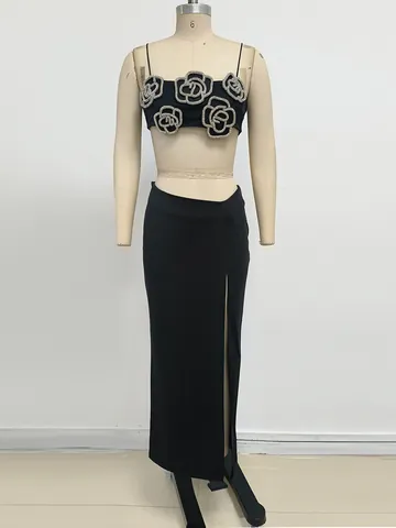 Mujer Sexy Top Y Bottom Top De Camisola Y Falda Maxi Con Abertura Alta Diamantes De Imitación Flor Banquete Elegante Vestido De Noche
