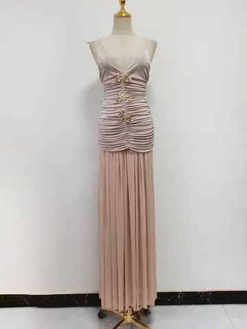 Elegante Conjunto De Top Y Parte Inferior Fruncido Para Mujer Camisola Con Lazo Decoración De Metal Falda Maxi Plisada Vestido De Fiesta