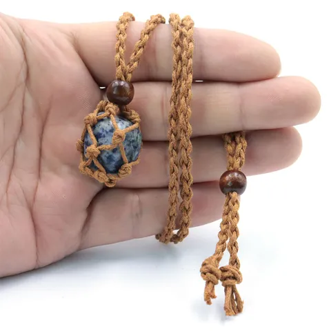 Natural Stone Crystal Raw Ore Handmade Woven Mesh Bag Pendant Necklace Adjustable Sweater Chain For Women Boho Jewelry