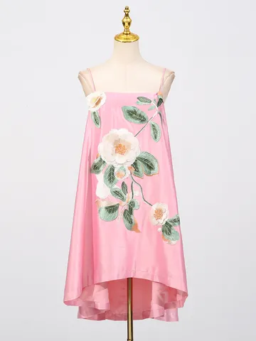 Dames Chinese Stijl Retro Bloem Borduursel Camisole Jurk Ruime Polyester Katoen Hoog-Laag Zoom Mini Jurk Voor Zomer Feest