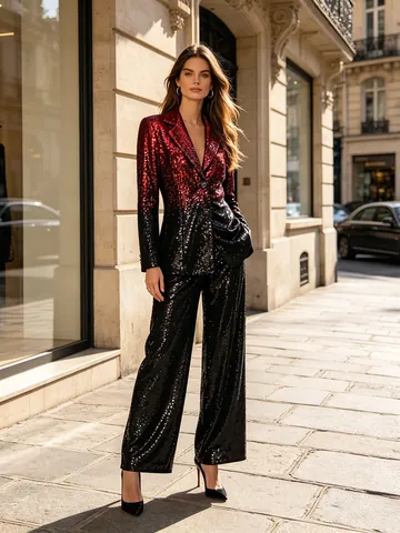 Women Sequin Gradient Blazer And Pants Set Sparkly Top And Bottom Suits For Banquet Party Streetwear Shiny Elegant Two Piece Set